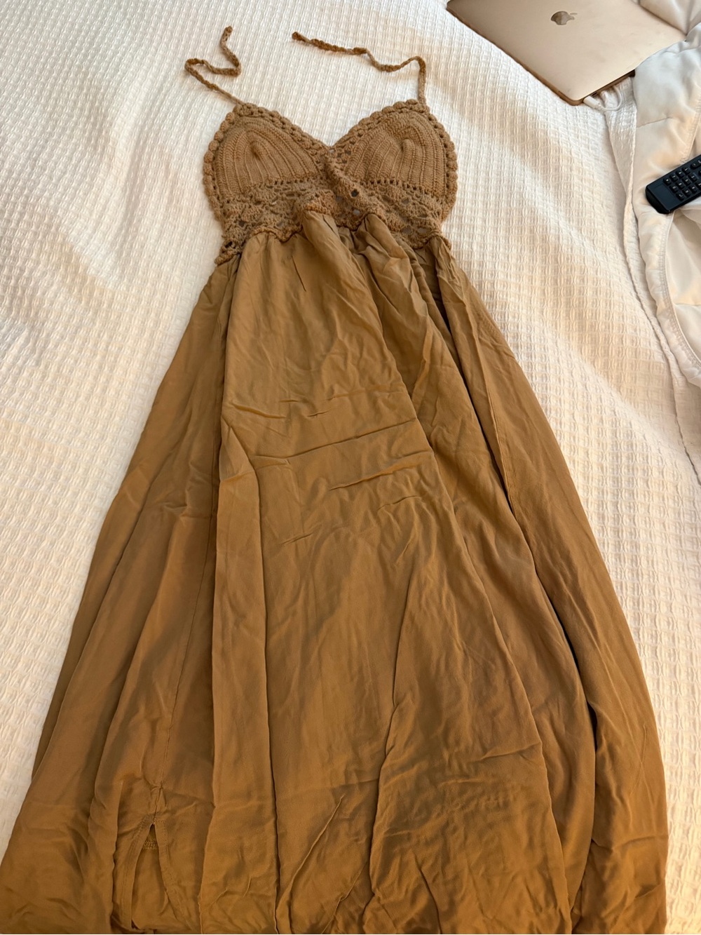 Crochet Bust Maxi Dress in Camel Brown